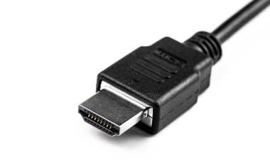 HDMI tıpası, beyaz arkaplanda kablo görüntüsü, makro.
