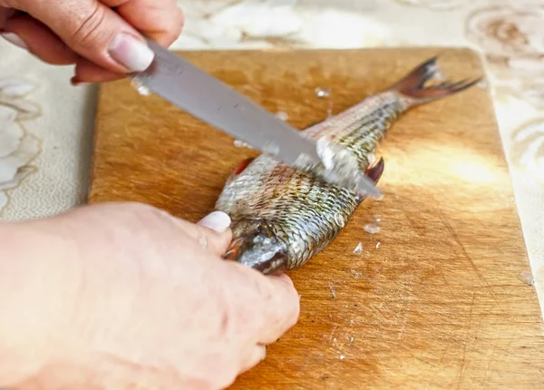 Pulizia Del Pesce Fresco Sulle Squame Preparazione Piatti Pesce — Foto Stock