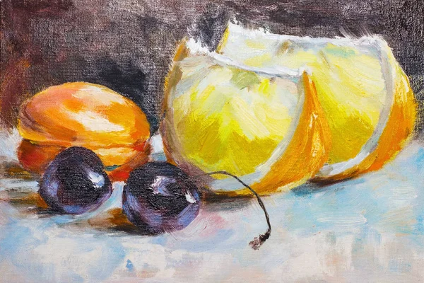 Textuur Olieverfschilderij Fruit Schilderij Kleurrijke Vruchten Stilleven — Stockfoto