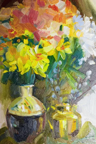 Textur Ölgemälde Blumen Malerei Lebendige Blumen Florales Stillleben — Stockfoto