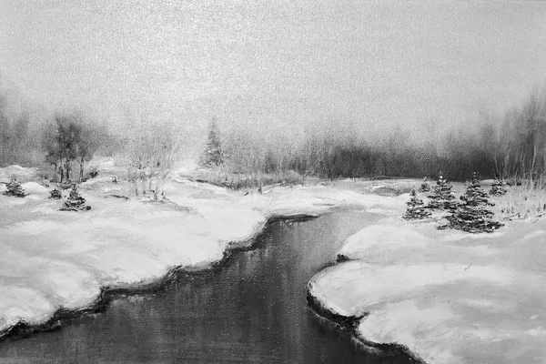 Textuur olieverfschilderij, impressionisme winterlandschap — Stockfoto