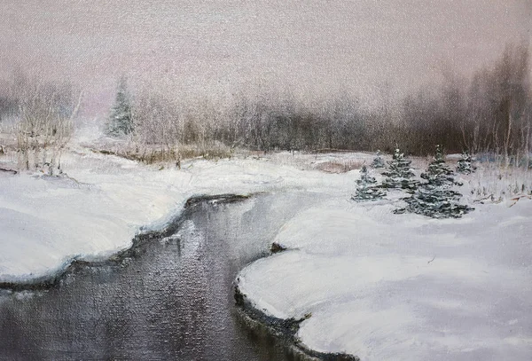 Textur oljemålning, impressionism vinterlandskap — Stockfoto