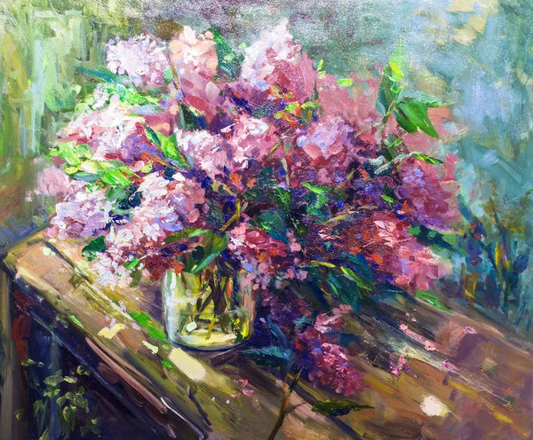 Blommor lila, oljemålning, Impressionism stil, stilleben konst — Stockfoto