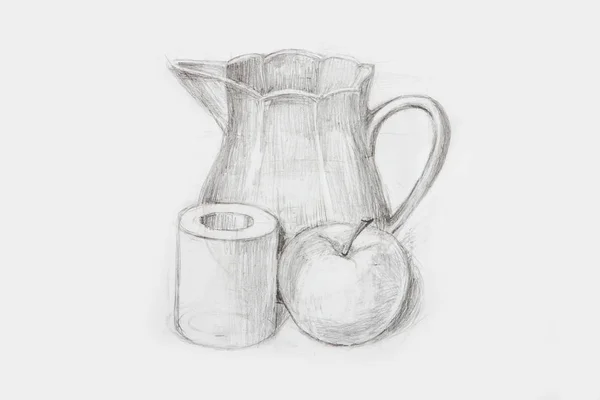 pencil sketch drawing, still life apple training and carafe,