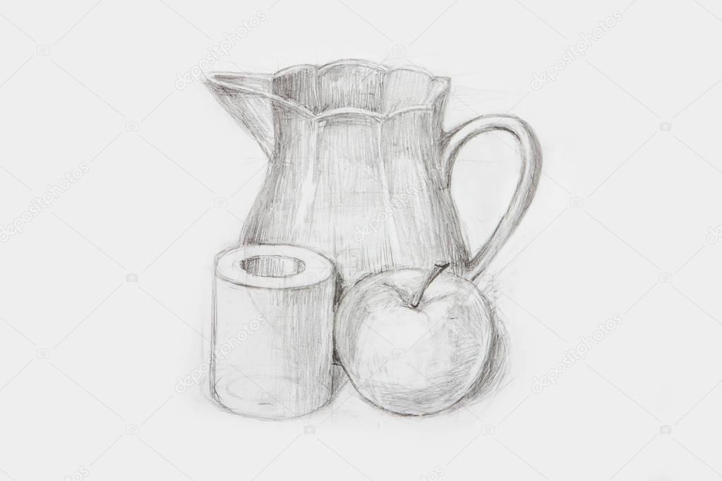 pencil sketch drawing, still life apple training and carafe,  