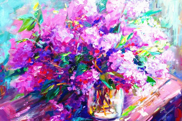 Blommor Lila Oljemålning Impressionism Stil Stilleben Konst Färgade Färgbild Skrivbordsunderlägg — Stockfoto
