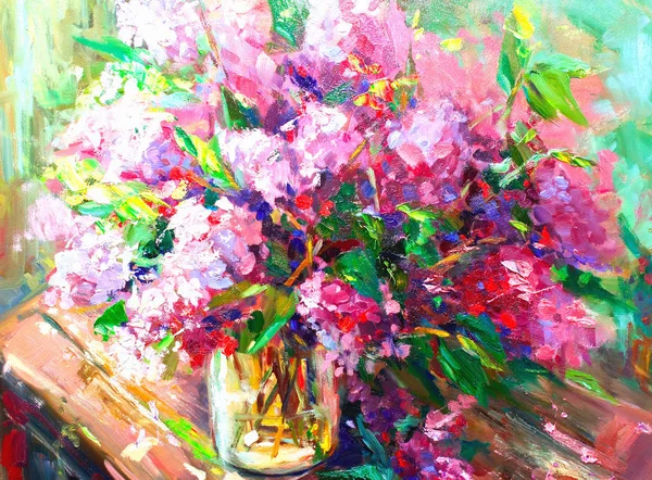 Flores Lila, Pintura al óleo, Estilo impresionista, Bodegón arte — Foto de Stock