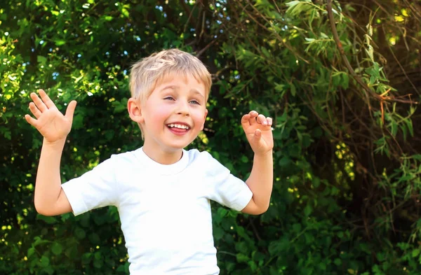 Menino brincando no parque com um rosto sorridente feliz e loiro — Fotografia de Stock