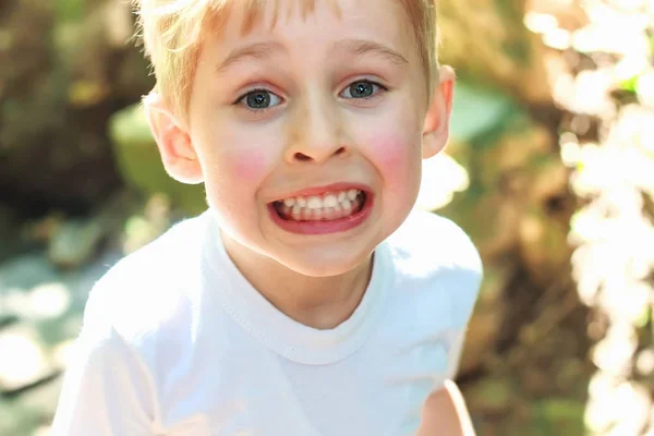 Kleiner Junge ist überrascht oder ängstlich, das Kind drückt Emotionen aus, — Stockfoto