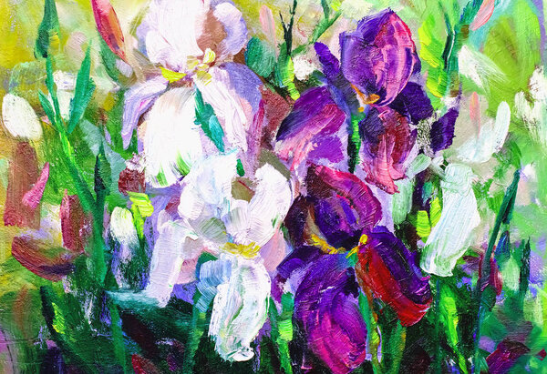 painting still life oil painting texture, irises impressionism art, painted color image, backgrounds and wallpaper, floral pattern on canvas