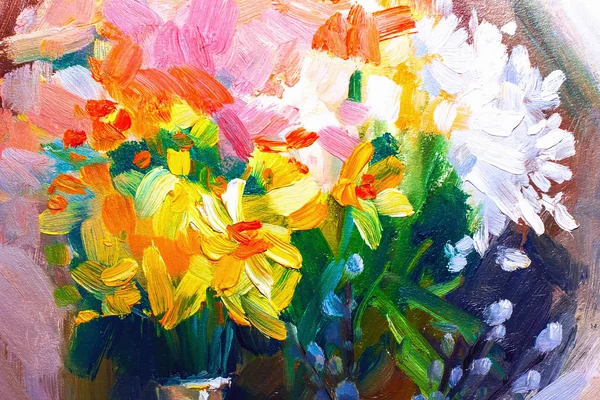 Textur Oljemålning Blommor Målning Levande Blommor Blommor Stilleben — Stockfoto