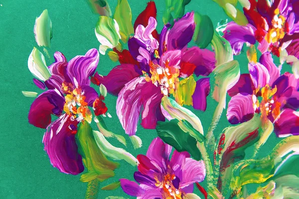 Tavla blommor på en grön bakgrund. Oljemålning, intryck — Stockfoto