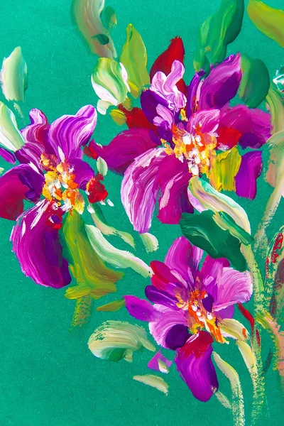 Peindre des fleurs sur un fond vert. Peinture à l'huile, impression — Photo