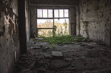 Eski yıkılmış bir binanın büyük bir camı kırıldı. Eski harabe perili ev, terk edilmiş ev. Kayıp şehir Pripyat. Çernobil - resim