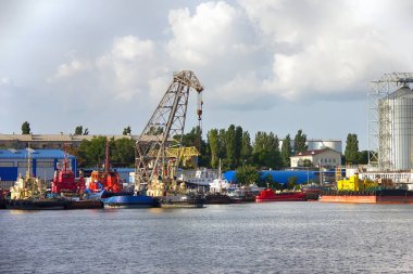 kargo gemisi ve vinç. Konteynır terminali. Teslimat ve ulaşım için. Endüstriyel Konteyner Nakliye Ticari Limanı - Görüntü