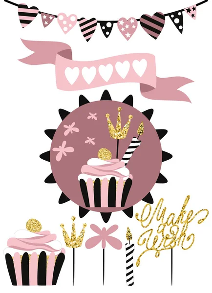 Celebratory cake with set of decoration, toppers, candles and garlands with flags. Vector hand drawn illustration, scandinavian style in pink colors with gold glittering elements.