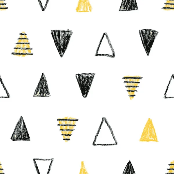 Abstract seamless scandinavian pattern. Hand drawn watercolor background with black and yellow triangles.