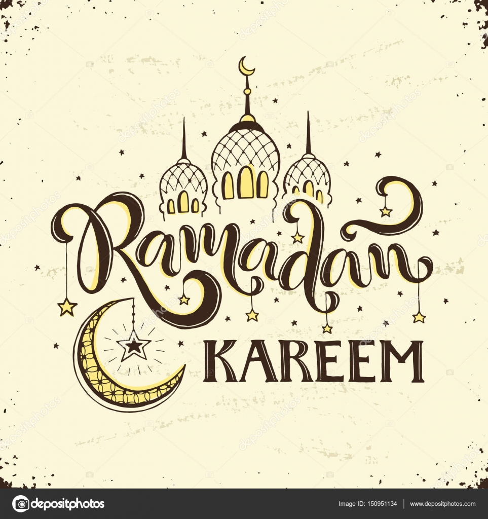 Ramadan Kareem Hand Drawn Calligraphy Isolated On White Background Islam 9th Month Symbols Mosque Dome Crescent And Stars With Wording In Sketch