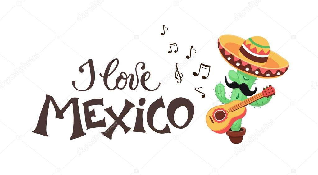 Mexican musician playing on guitar in sombrero and poncho. Mexican guy with mastaches in national costume isolated on white background.