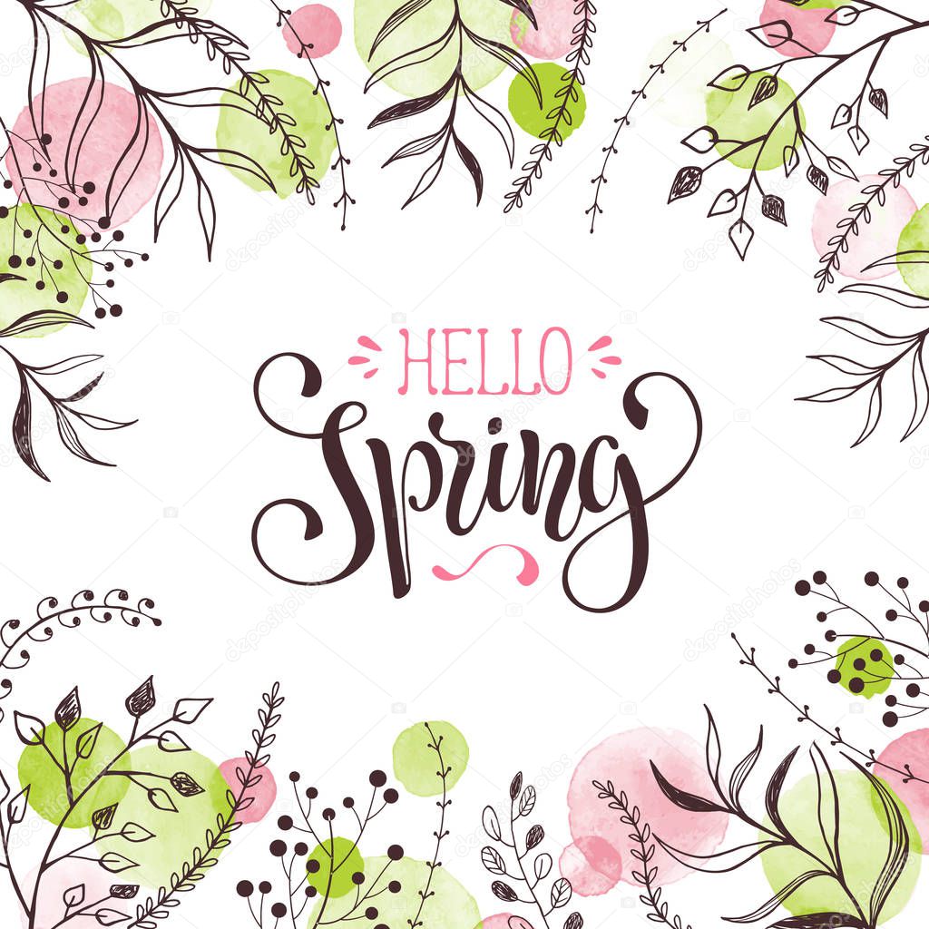 Hello Spring. Spring vector wording with floral elements and watercolor spots on background. Romantic greeting card in pastel colors. 
