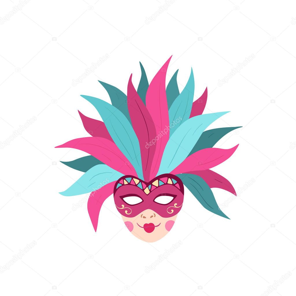 Hand drawn carnival vector mask isolated on white background. Masqeurade mask for decorating festive invitations, banners, greeting cards. Carnaval accessory illustration. Face with feathers.