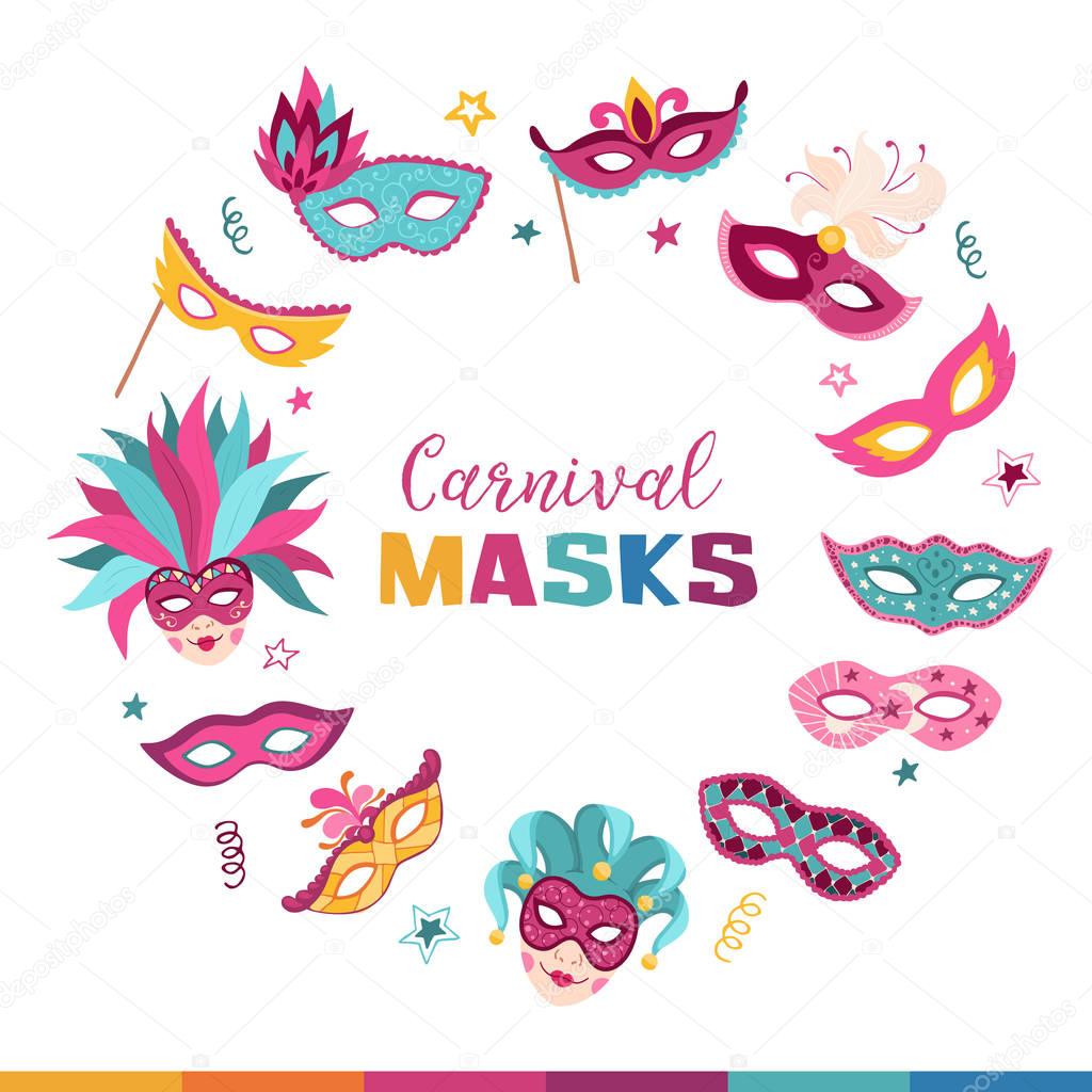 Colorful carnival masks collection isolated on white background. Masqeurade mask design for decorating festive invitations, banners, greeting cards.