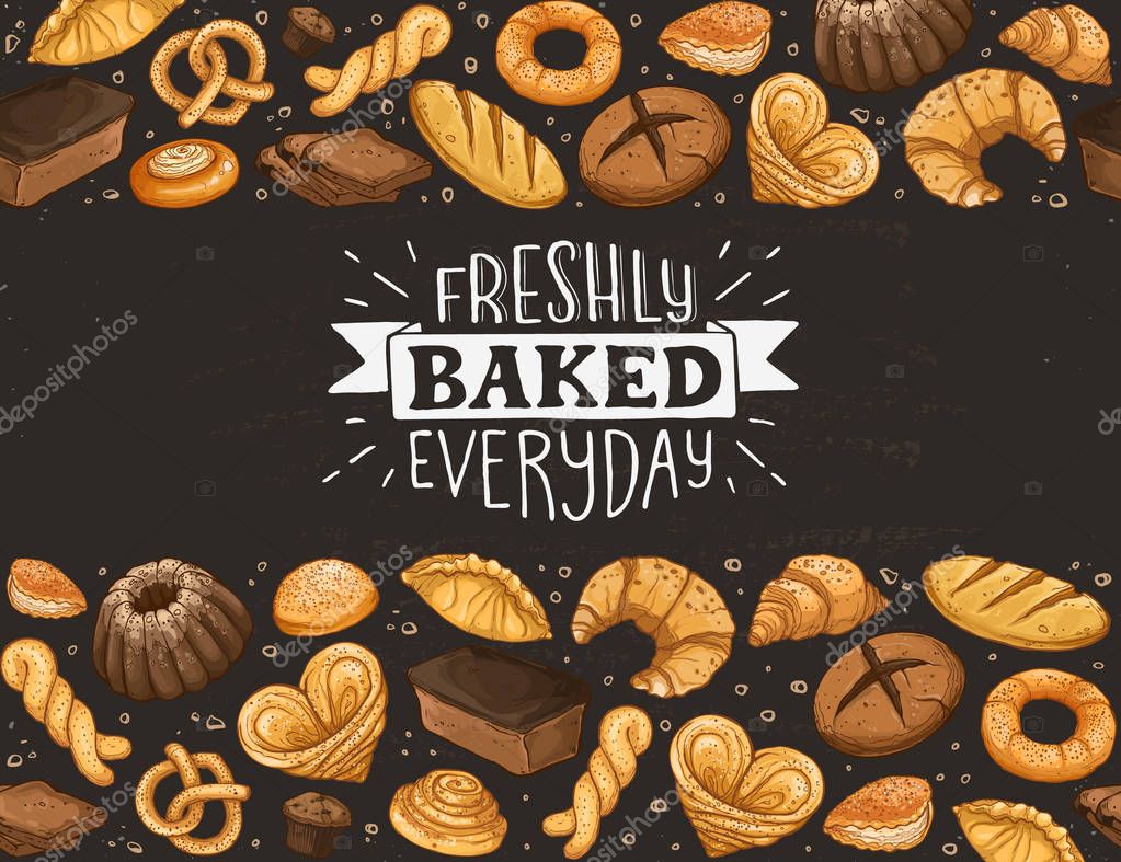 Freshly Baked everyday lettering. Horizontal border composition from hand drawn bread. Vector illustration for bakery shops isolated on white background. Fresh bread banner concept.