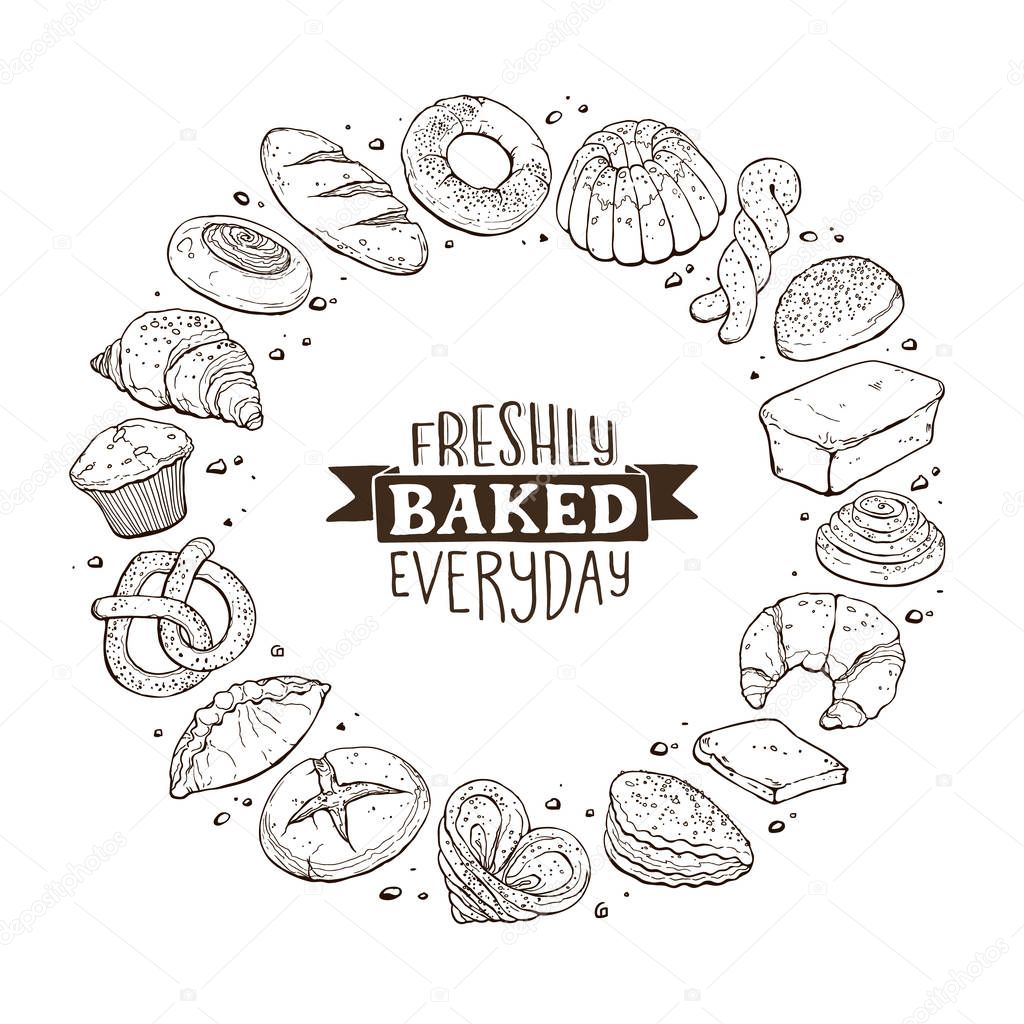 Freshly baked everyday phraze. Round frame from hand drawn bread in sketch style. Vector illustration for bakery shops isolated on white background. Fresh bread in circle shape poster concept.