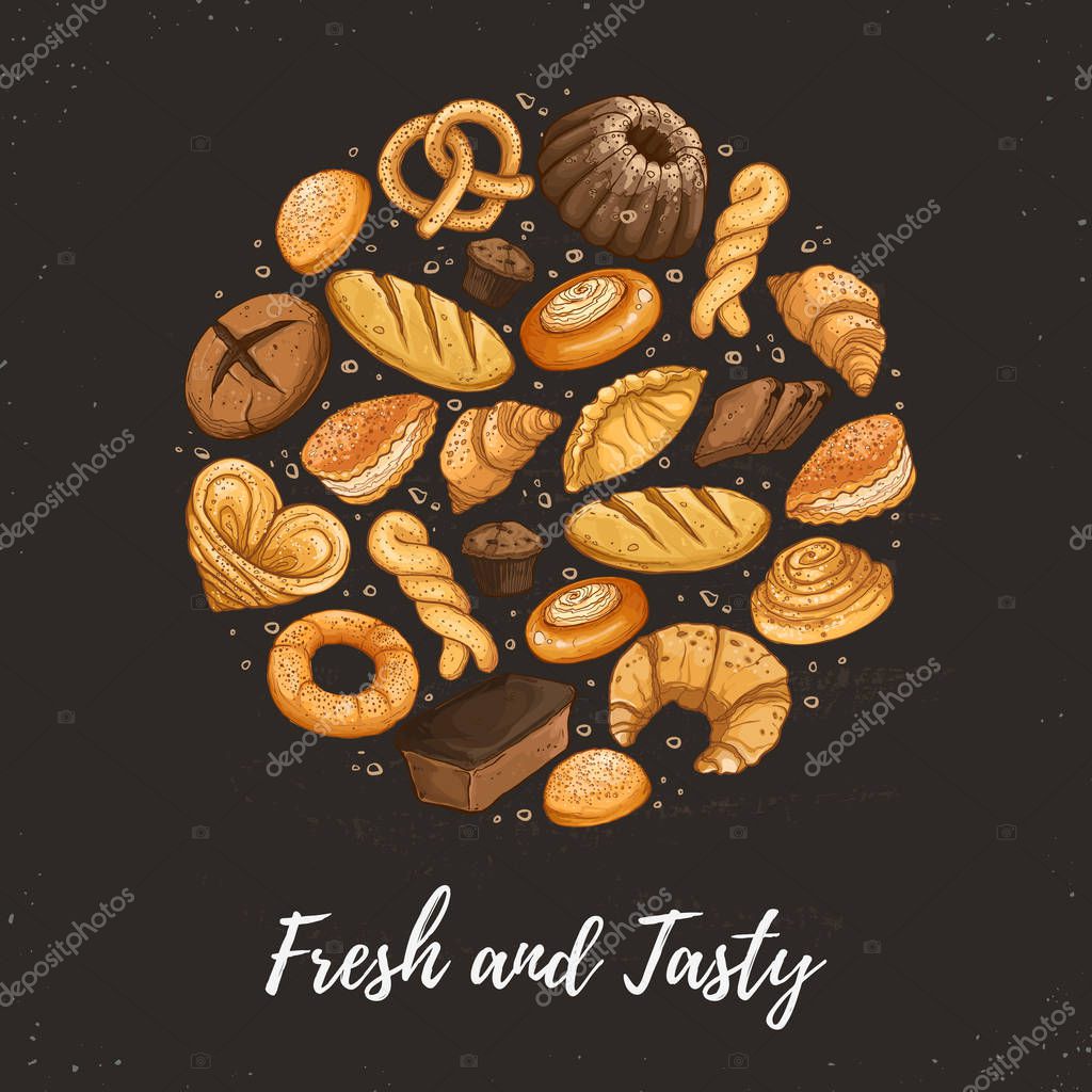 Circle shape composition from hand drawn bread in sketch style. Vector illustration for bakery shops isolated on white background. Fresh bread poster concept.