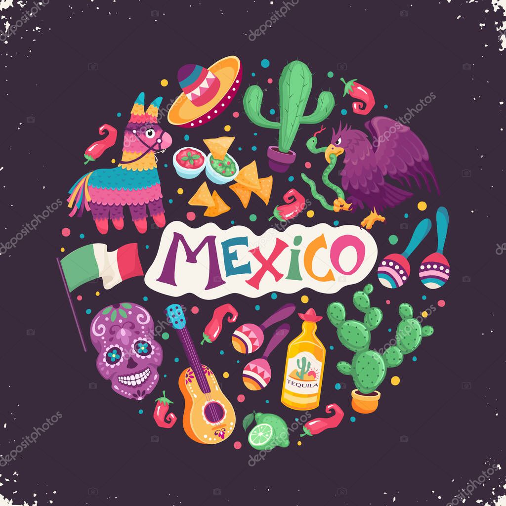 Mexico poster in circle shape. Mexican culture attributes collection. Guitar, sombrero, maracas, cactus and jalapeno isolated on black background.