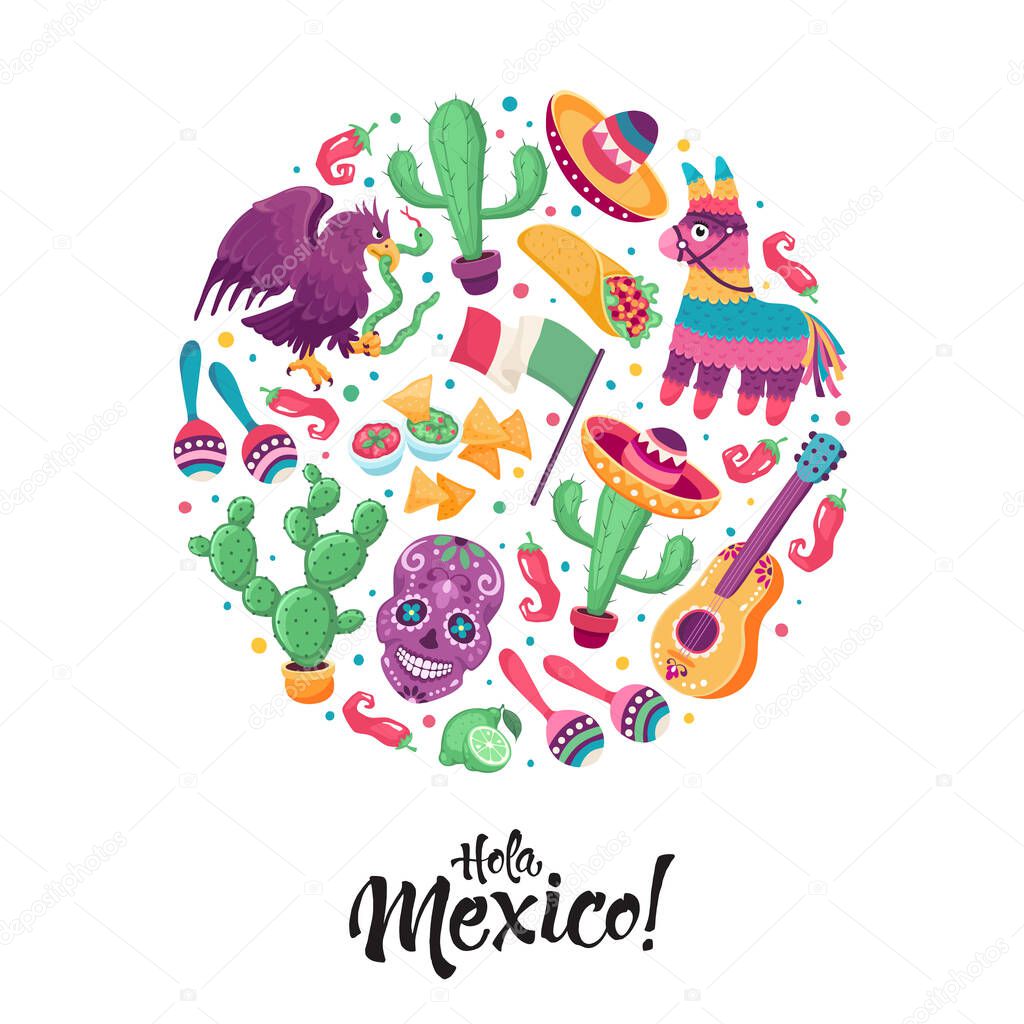 Hola Mexico greeting card in circle shape. Mexican culture attributes collection. Cinco de Mayo poster with guitar, sombrero, maracas, cactus and jalapeno isolated on white background.