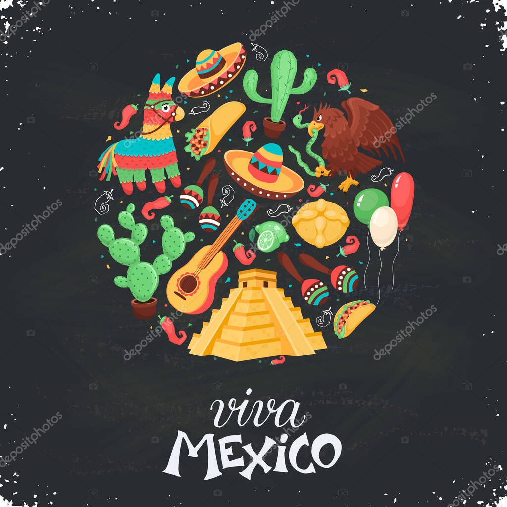 Mexican culture attributes collection. Pinata, guitar and sombrero, maracas, cactus and jalapeno isolated on black background. Mexico poster in circle shape.