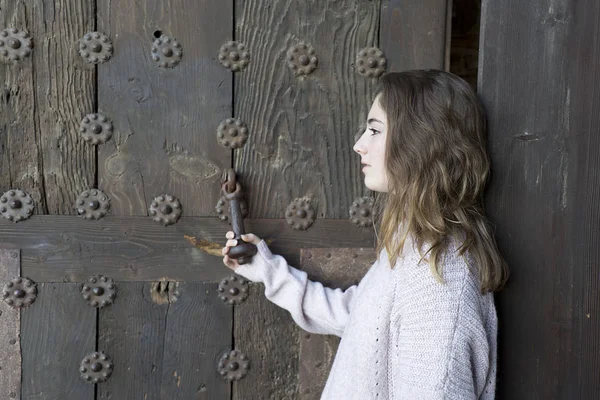 Girl in profile on a background of an old door. — Stock Photo, Image