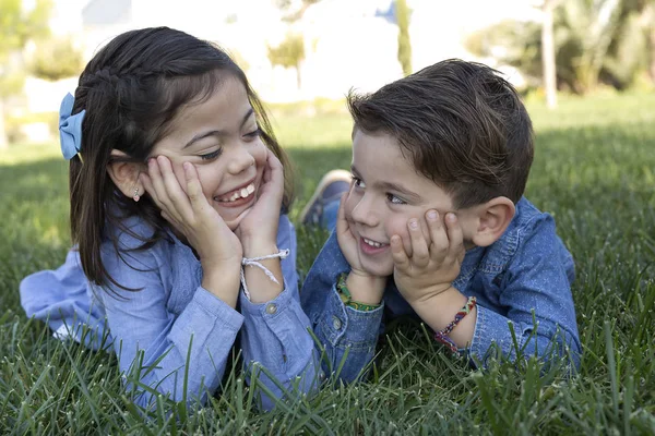 Couple of brothers lying on the lawn of a park. — Stock Photo, Image