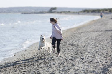Genç kız köpeğiyle bir kumsalda oynarken. 