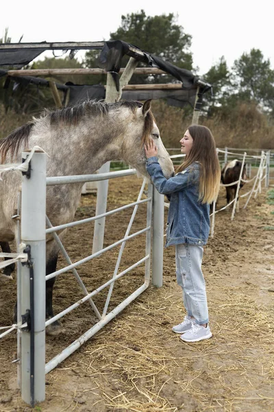 Young woman giving affection to some horses. — Stock Photo, Image
