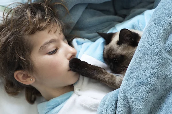 小さな女の子と彼女の猫ベッドに横になって — ストック写真
