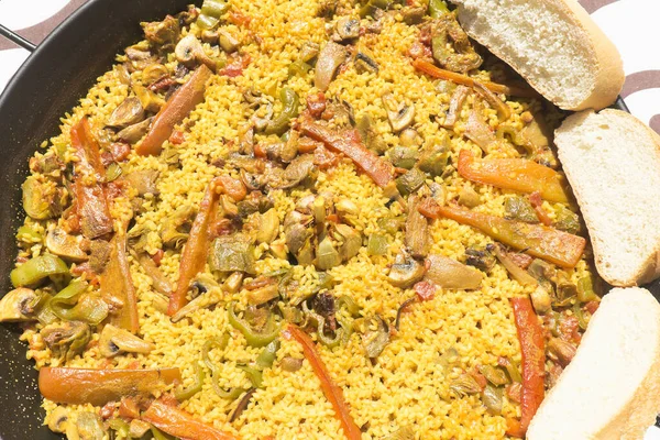 Vegetable Paella Made Fire Organic Ingredients Shot Made Monforte Del — Stock Photo, Image