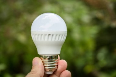 Yeşil enerji kavramı için yeşil doğa bulanık arka plan üzerinde ampul tutan adam eli.