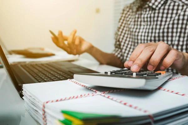 Young Business Man Doing Calculator Finance Cost Home Office Workplace — Stock Photo, Image