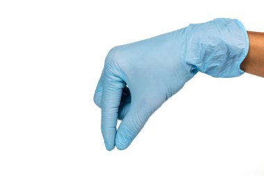 Doktor el eldiveni beyaz arka plan üzerinde yakalamak gibi davranırgösterir.