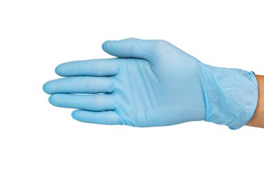 Doktor el eldiveni beyaz arka planda gösterir.