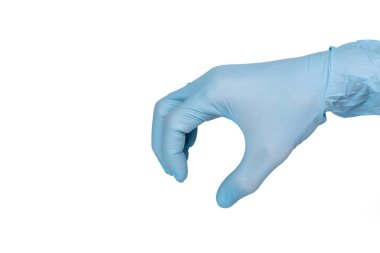 Doktor el eldiveni beyaz arka plan üzerinde yakalamak gibi davranırgösterir.