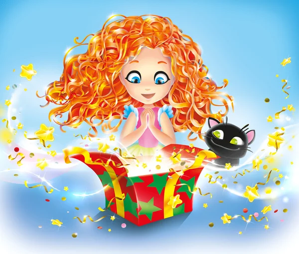 Cute Happy Little Girl, Children, Kid and a cat standing in front of an open Christmas, New Year or Birthday Present from which depart from the glowing stars like firecrackers or firework. Bright Fairy Illustration with Gift Box on a light background — Stock Photo, Image