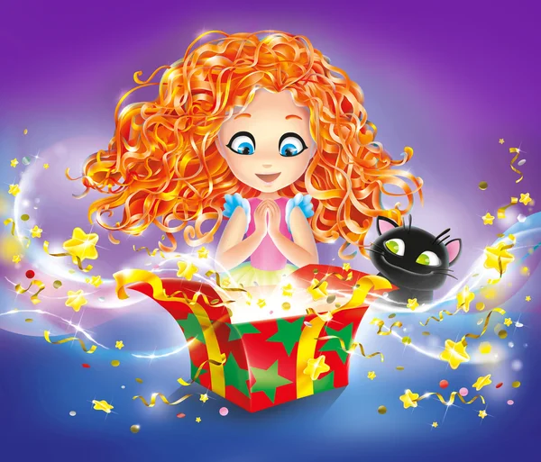 Cute Happy Little Girl, Children, Kid and a cat standing in front of an open Christmas, New Year or Birthday Present from which depart from the glowing stars like firecrackers or firework. Bright Fairy Illustration with Gift Box on a dark background — Stock Photo, Image
