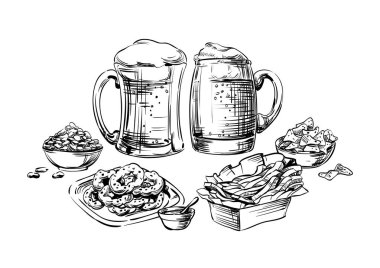 İçecek ve atıştırmalıklar bileşimi. Gıda ve bira bir bardak, kupa, kupa ve kavanoz ayarlayın. Grafik çizim vuruşları el ve satırları Oktoberfest veya menü için kroki Restoran, pub, bistro, snack bar, meyhane. İzole vektör
