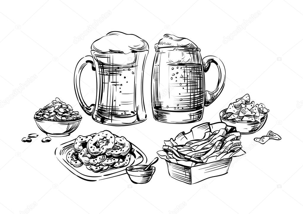 The composition of drinks and snacks. Set food and beer in a glass, mug, cup and jar. Hand drawing graphic strokes and lines Sketch for Oktoberfest or menu the restaurant, pub, bistro, snack bar, tavern. Isolated  vector