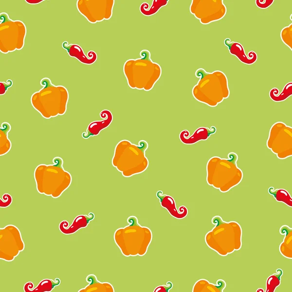 Seamless pattern, ornament of Hot and sweet Pepper, vitamins. Vegetables, health food on a green background. Applicable for Covers, Placards, Posters, Flyers and Banner Designs. Vector illustration. — Stock Vector