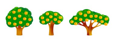 Elma ağaçları farklı şekil ve büyüklükte ayarlayın. Koyu yeşil dallar, yapraklar sarı meyve. Nesneleri, düz stil bileşenleri tasarımı, doğa manzara resimleri, oyun yerleri için simgeler. Vektör 