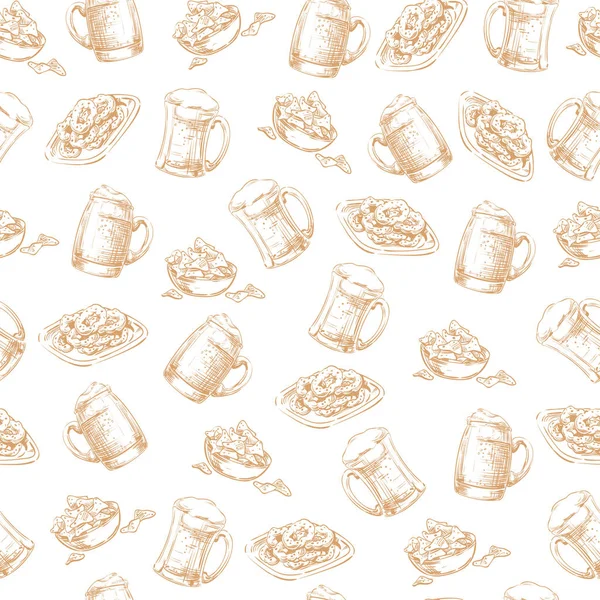 Χωρίς ραφή πρότυπο, χέρι σχεδίασης γραφικών σκίτσο με σνακ, μπύρα σε ποτήρι, κούπα, κούπα και βάζο. Εφαρμόσιμος για πλακάτ, αφίσες, φυλλάδια και τα σχέδια των μπάνερ Oktoberfest. Διάνυσμα χρώματα καφέ, σέπια — Διανυσματικό Αρχείο